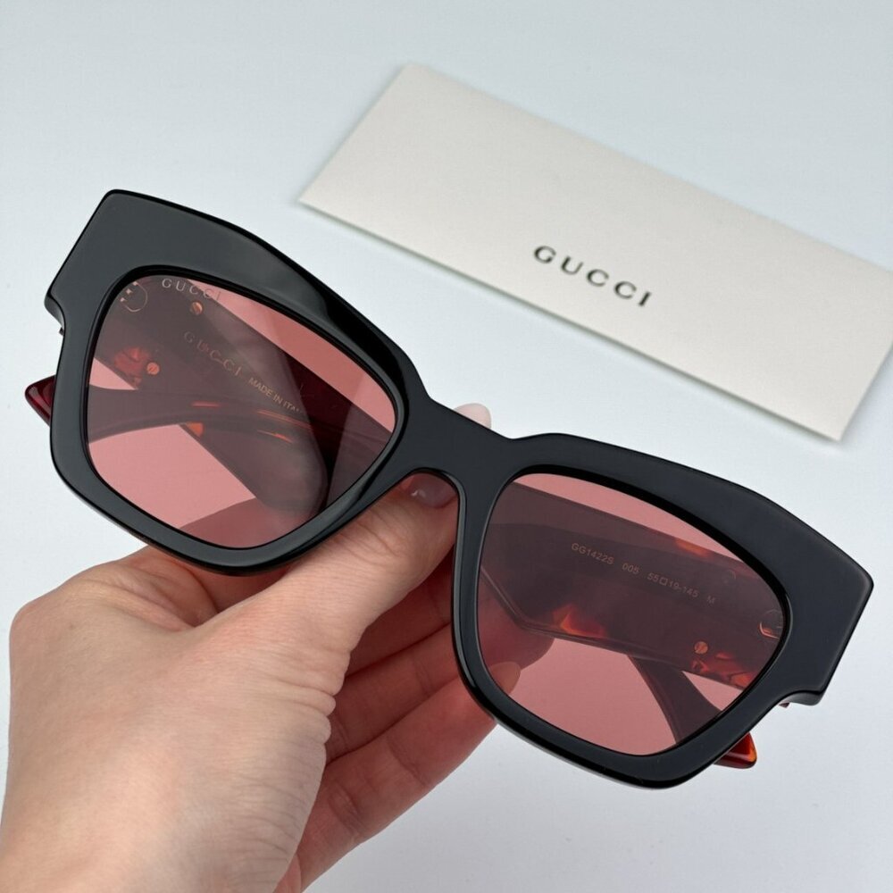 Gucci GG1422S 005 BRAND NEW Sunglasses Black Havana Rust Square Women